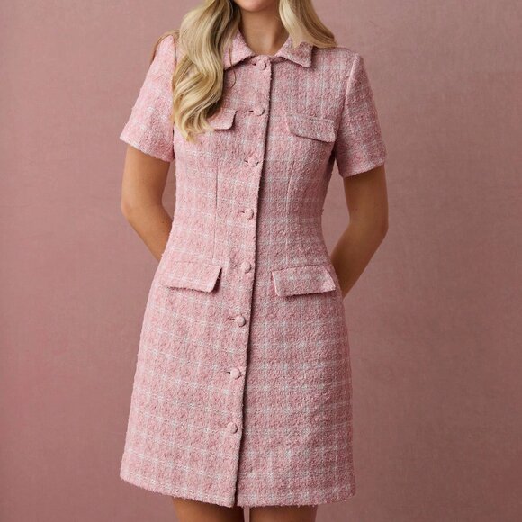 Pink Elegant Romantic Women's Tweed Short Sleeve Mini Dress - Picture 7 of 7